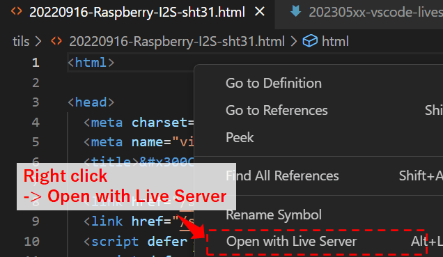 right-click and select Open with Live Server